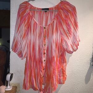 Signature Studio Coral, Pink & White Striped Button-Front Blouse